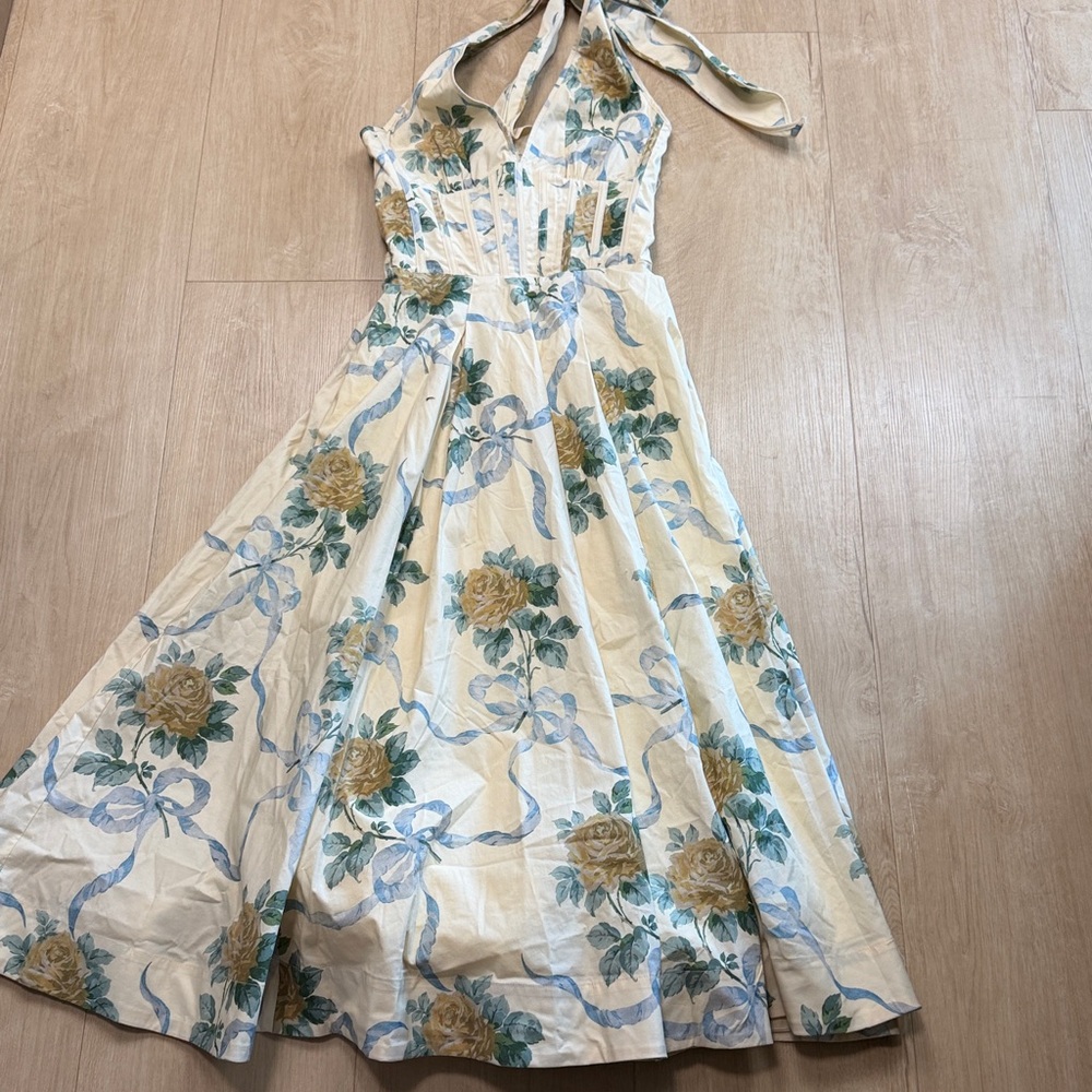 House of CB Allena lemon ribbon stretch cotton halter midi sundress - Picture 6 of 10